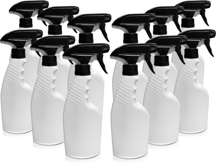 12 white plastic spray bottles with black nozzles.