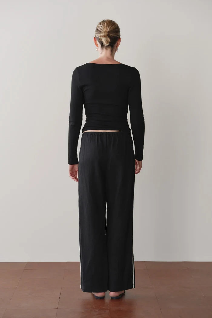 Black Linen Crop Racer Stripe Pant