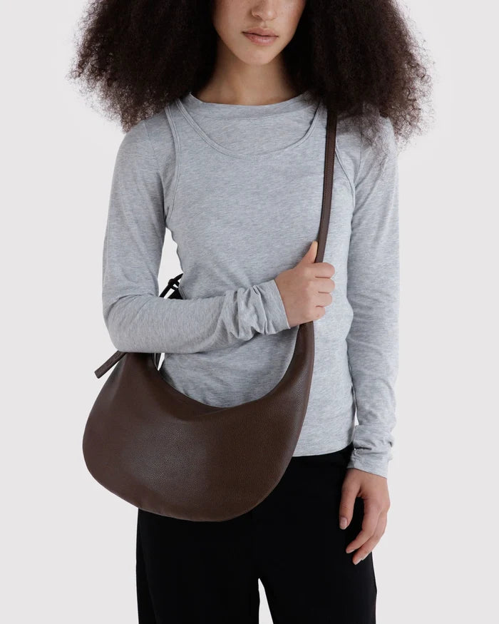 Brown Medium Recycled Leather Flat Crescent Bag