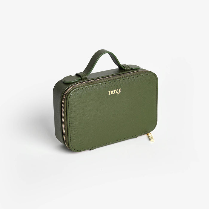 Green jewelry box with 'navy' branding on a white background