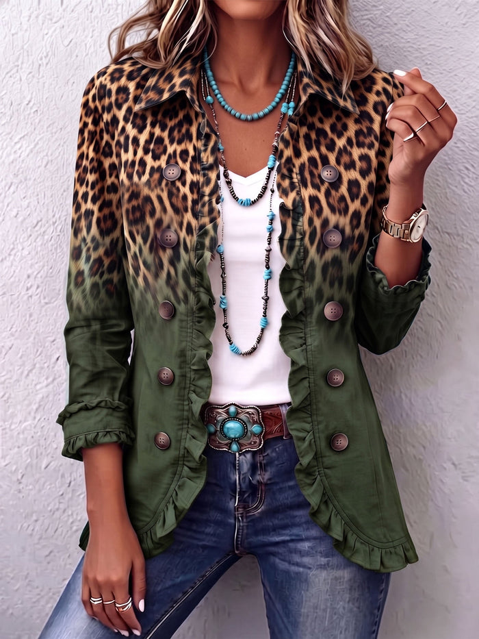 Fitted leopard ombre ruffle blazer jacket with gently flared hem