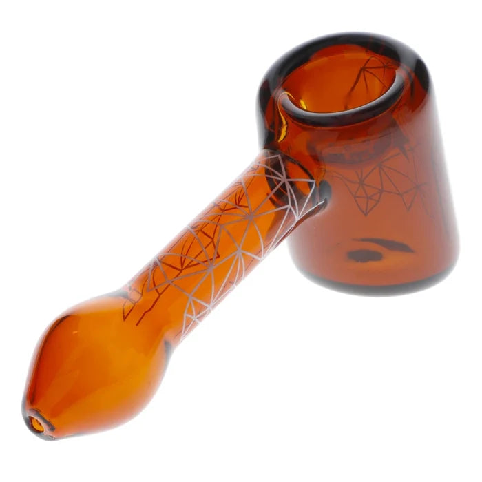 Front view of the 5-inch Famous Design Space Hammer Pipe in amber glass, showcasing its sleek, curved design.