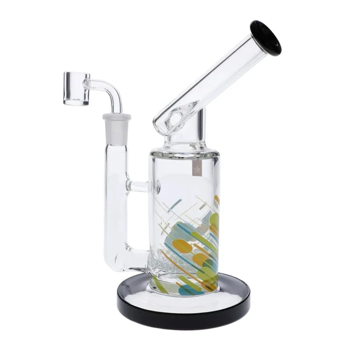 Front view of the 8-inch Famous Design Versuz Dab Rig, showcasing its clear glass construction and circular base.