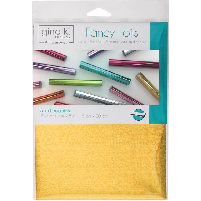 Gina K Designs - Fancy Foil 6"X8" - 12/Pkg - Gold Sequins. Add vibrant color and brilliant shine to any project! Use with Foil-Mates and a hot laminator for instant shine. Package contains twelve 6x8 inch sheets of Gold Sequin foil. Available at Embellish Away located in Bowmanville Ontario Canada.