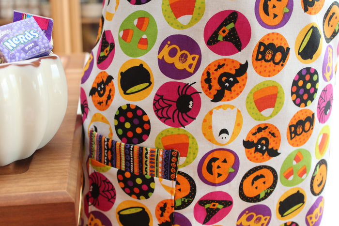 Halloween Polka Dot Adult and Kid's Apron-The Blue Peony-Age Group_Adult,Age Group_Kids,Apron Style_Chef,Category_Apron,Department_Kitchen,Gender_Boys,Gender_Girls,Material_Cotton,Pattern_Polka Dot,Size_Medium (ages 6-11),Theme_Halloween