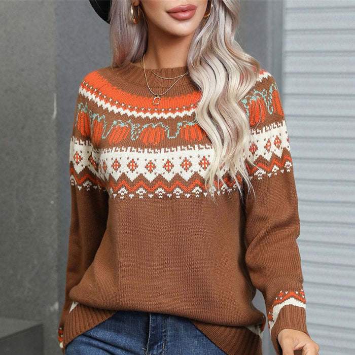 Iyonna vintage round neck pullover sweater shown in green and brown