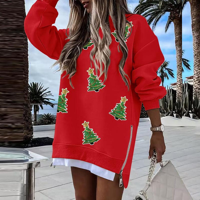 Julia festive Christmas tree pattern pullover sweater with side zipper slit