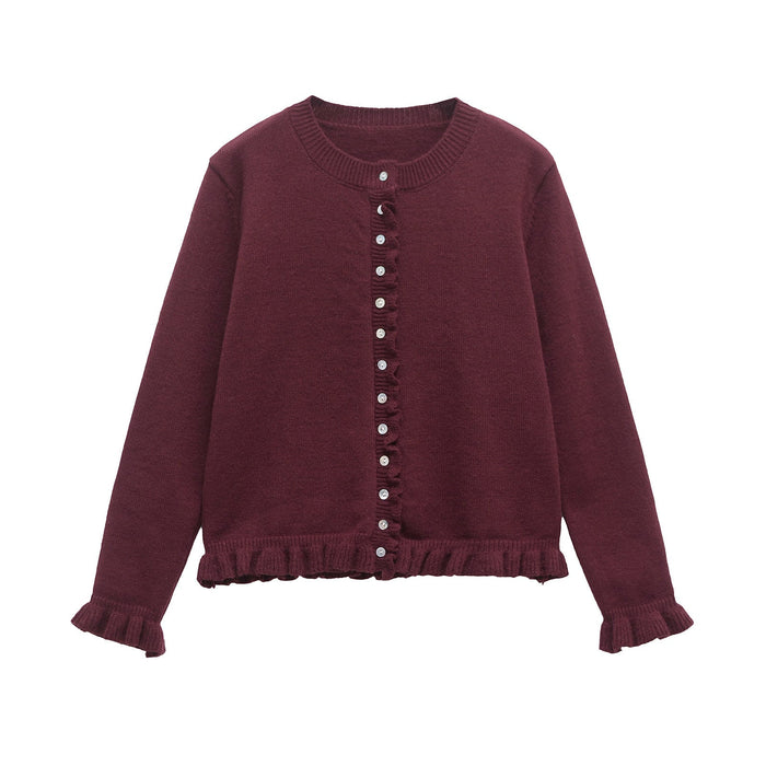 Kiana button-up cardigan with lettuce trim, shown in a relaxed cozy silhouette