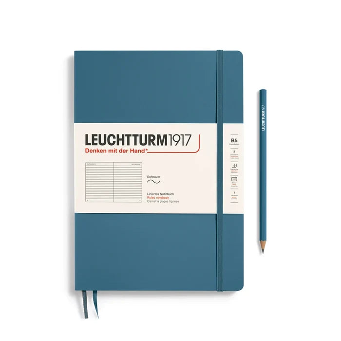 Blue notebook with Leuchtturm1917 branding on a white background