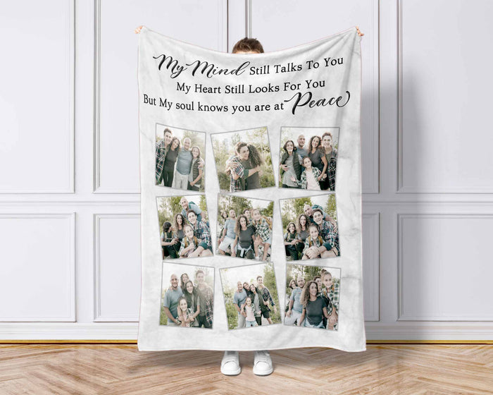 Loss Of Mother Memorial Photo Blanket, Custom Photo Collage Mom And Son Blanket, My Mind Still Talks To You Mothers Day Gifts