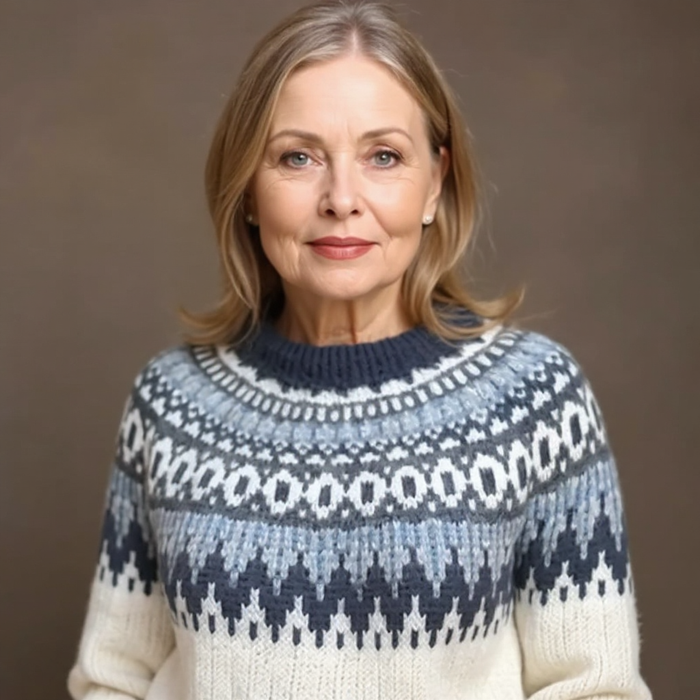 Maecey handcrafted Icelandic knit sweater with vibrant patterned design for women