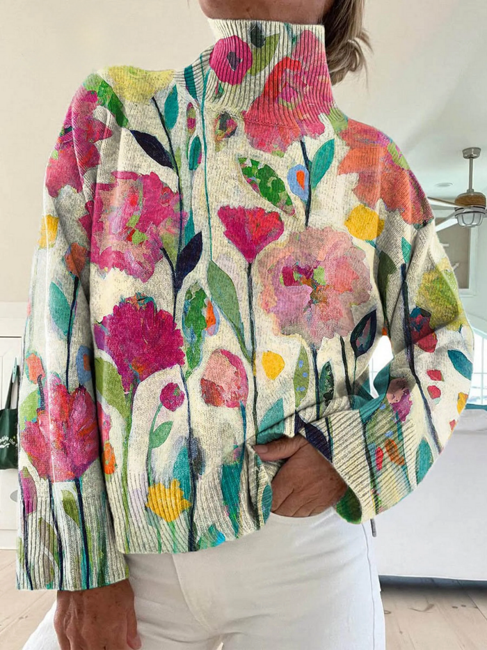Melani vintage floral abstract print turtleneck sweater with high neck and relaxed fit