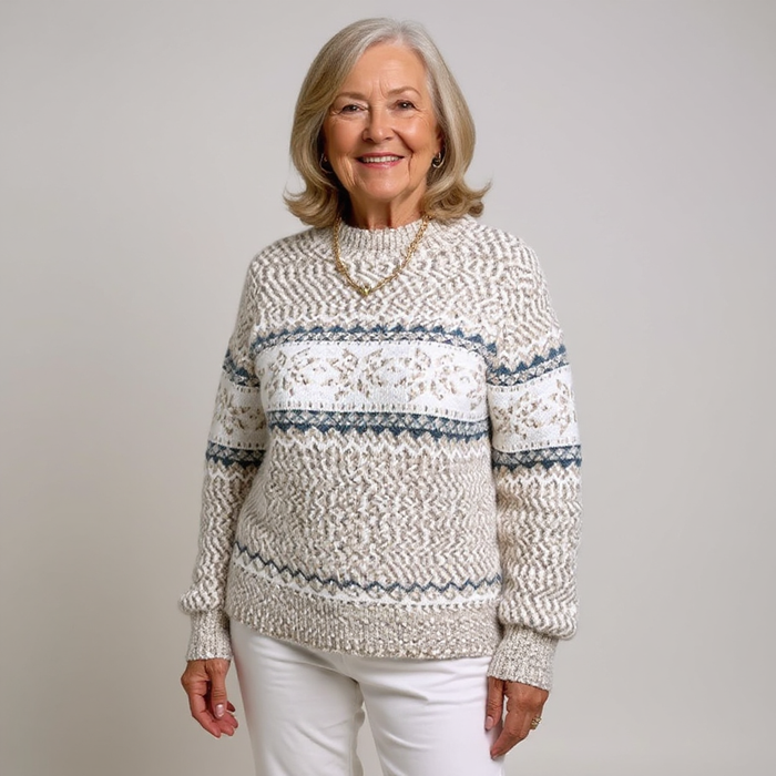 Melanie patterned knit sweater in blue, sky blue, pink, and beige colorways