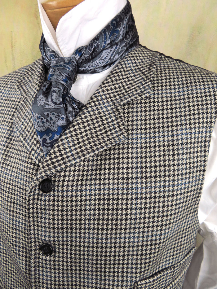 Men's Notch Vest - Ivory and Black Houndstooth with Blue Accents #547
