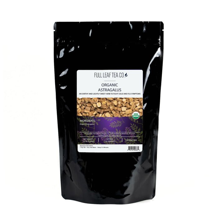 A 1/2 pound bag of Full Leaf Tea Company Organic Astragalus Loose Leaf Tea.