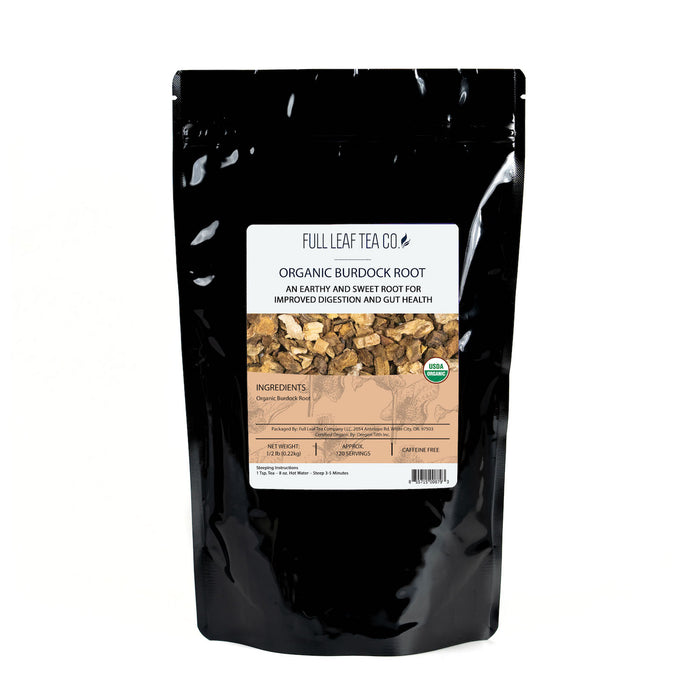 A 1/2 pound bag of Full Leaf Tea Company Organic Burdock Root Loose Leaf Tea.