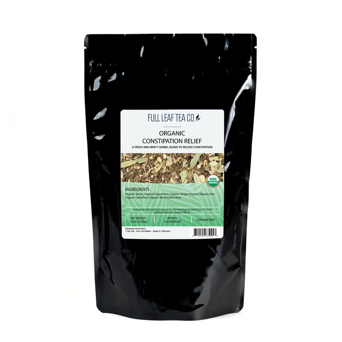 A 1/2 pound bag of Full Leaf Tea Company Organic Constipation Relief Loose Leaf Tea.