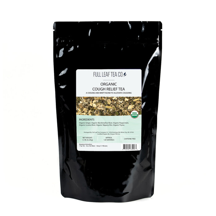 A 1/2 pound bag of Full Leaf Tea Company Organic Cough Relief Loose Leaf Tea.