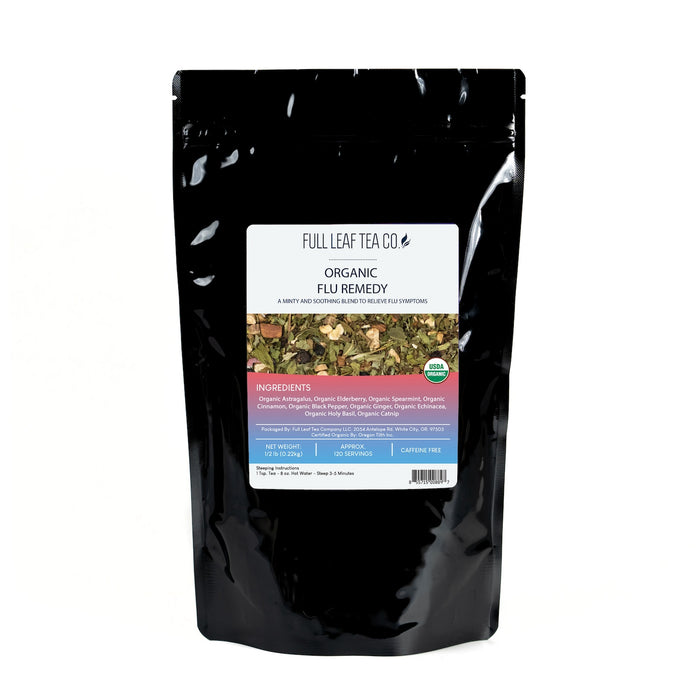 A 1/2 pound bag of Full Leaf Tea Company Organic Flu Remedy Loose Leaf Tea.
