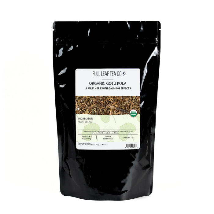 A 1/2 pound bag of Full Leaf Tea Company Organic Gotu Kola Loose Leaf Tea.