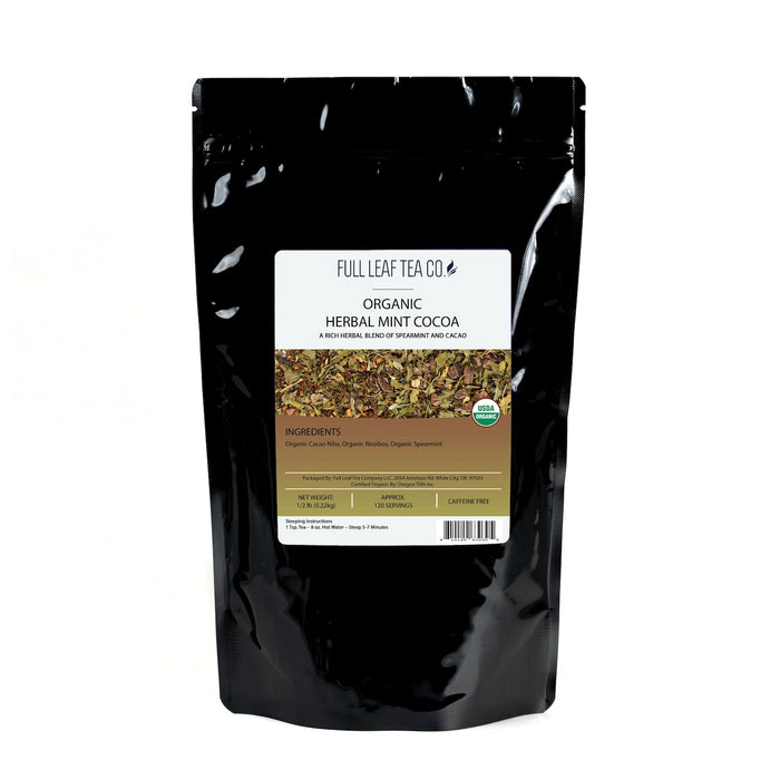 A 1/2 pound bag of Full Leaf Tea Company Organic Herbal Mint Cocoa Loose Leaf Tea.