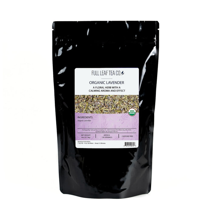 A 1/2 pound bag of Full Leaf Tea Company Organic Lavender Loose Leaf Tea.