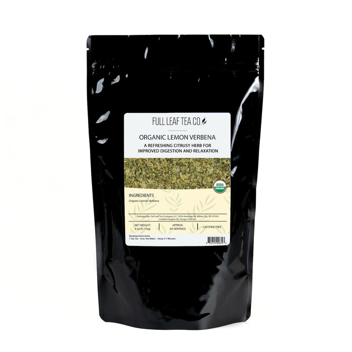 A 4oz bag of Full Leaf Tea Company Organic Lemon Verbena Loose Leaf Tea.