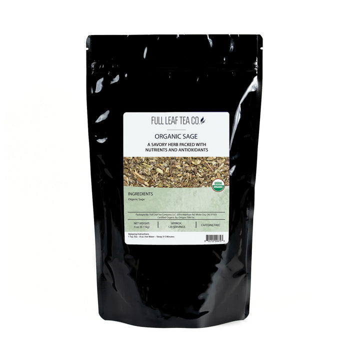 A 1/2 pound bag of Full Leaf Tea Company Organic Sage Loose Leaf Tea.