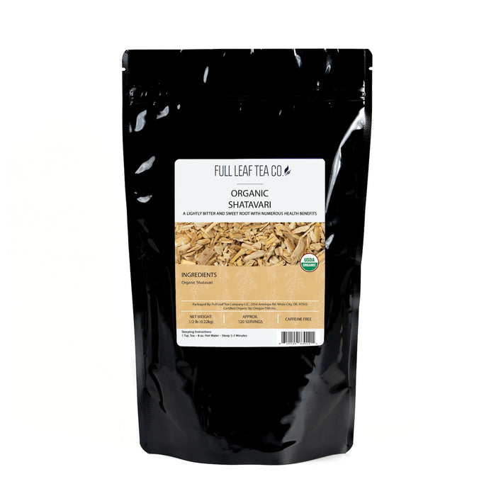 A 1/2 pound bag of Full Leaf Tea Company Organic Shatavari Loose Leaf Tea.