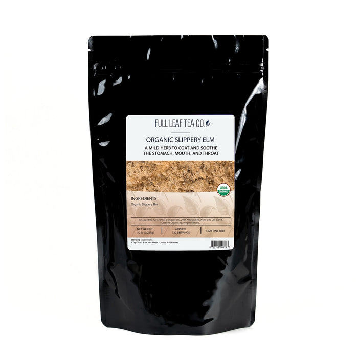 A 1/2 pound bag of Full Leaf Tea Company Organic Slippery Elm Loose Leaf Tea.