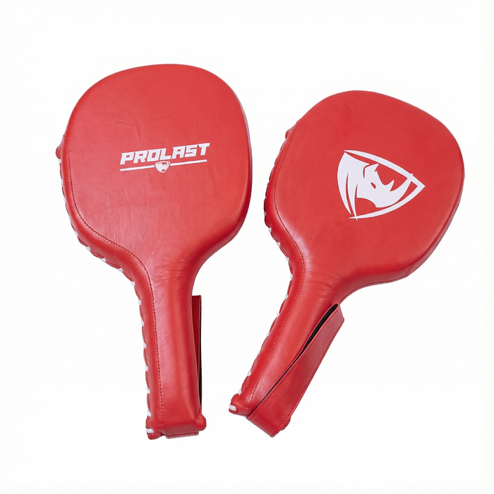 A pair of red PROLAST boxing paddles with the PROLAST logo