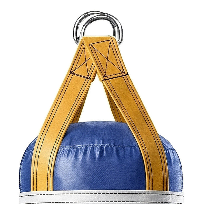 Close-up of the 4 ft 80 lb heavy bag: hanging straps box-X stitching and two heavy steel D-rings