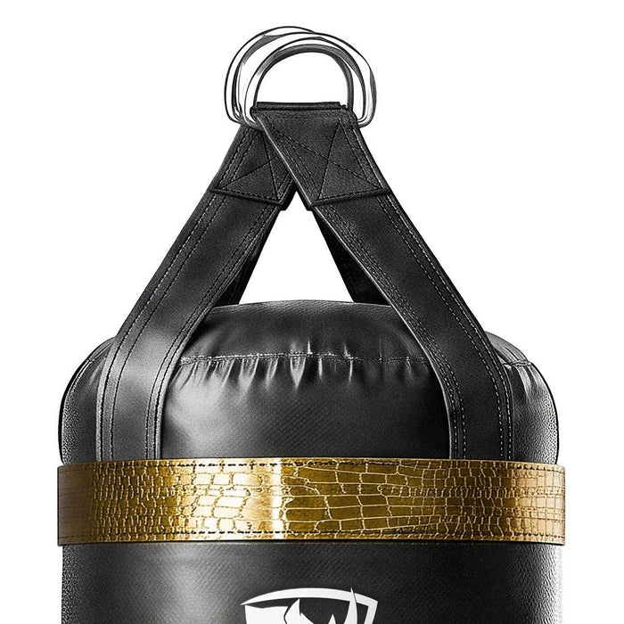 Close-up of the 4 ft XL 135 lb heavy bag: hanging straps box-X stitching and two heavy steel D-rings