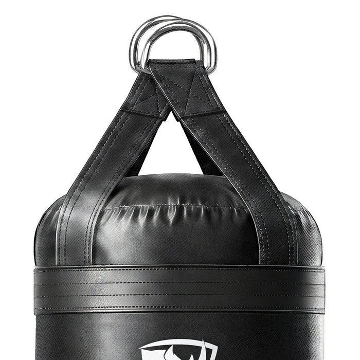 Close-up of the 4 ft XL 135 lb heavy bag: hanging straps box-X stitching and two heavy steel D-rings