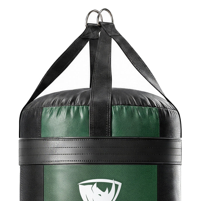 Close-up of the 4 ft XL 150 lb heavy bag: four hanging straps, one per panel, box-X stitching and two heavy steel D-rings