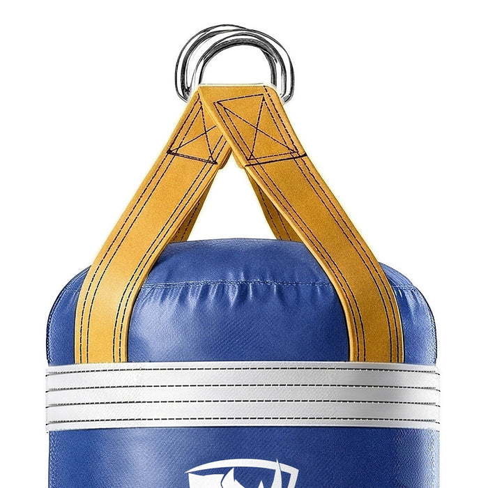 Close-up of the 5 ft XL 200 lb heavy bag: hanging straps box-X stitching and two heavy steel D-rings