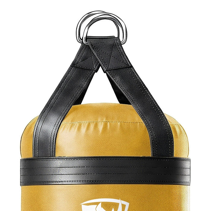 Close-up of the 5 ft XL 200 lb heavy bag: hanging straps box-X stitching and two heavy steel D-rings