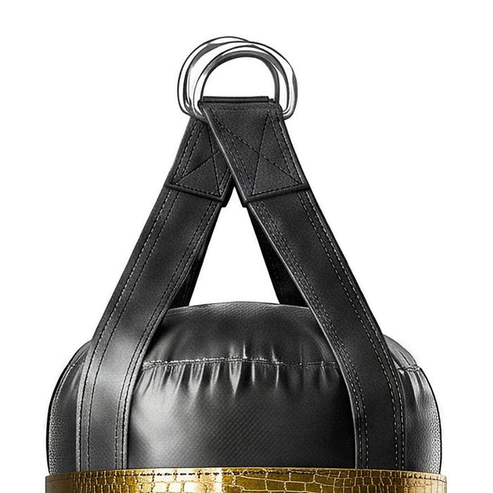 Close-up of the 6 ft 150 lb heavy bag: hanging straps box-X stitching and two heavy steel D-rings