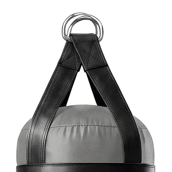 Close-up of the 6 ft 150 lb heavy bag: hanging straps box-X stitching and two heavy steel D-rings
