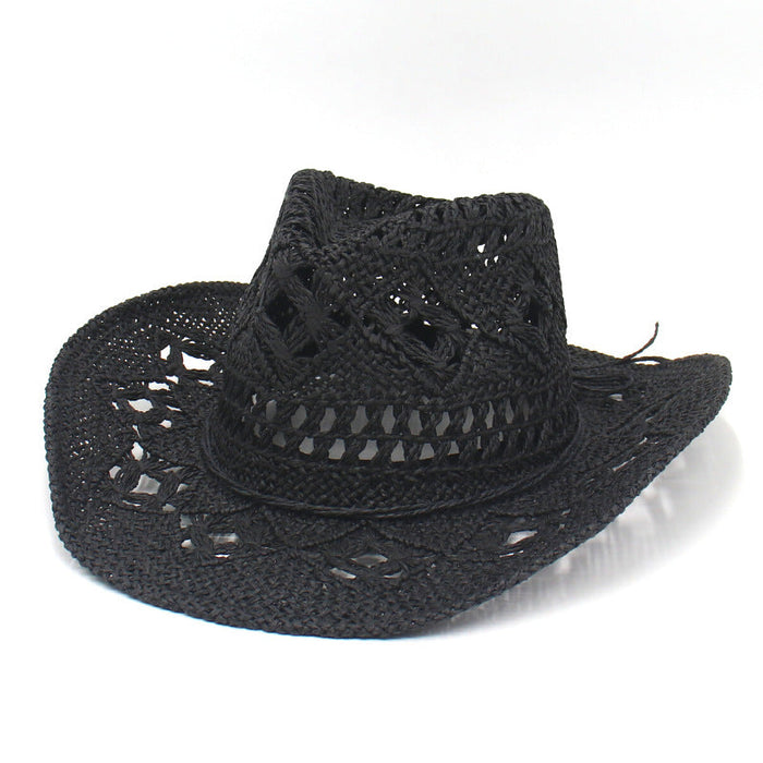 Vintage open-weave straw hat with a structured western brim in a neutral tone