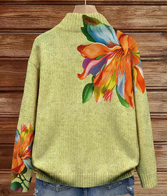 Lime green full-zip knit cardigan with orange, blue, and purple tropical floral print