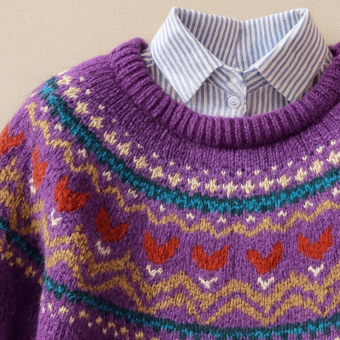 Purple vintage Nordic-pattern knit sweater with a relaxed, comfortable fit