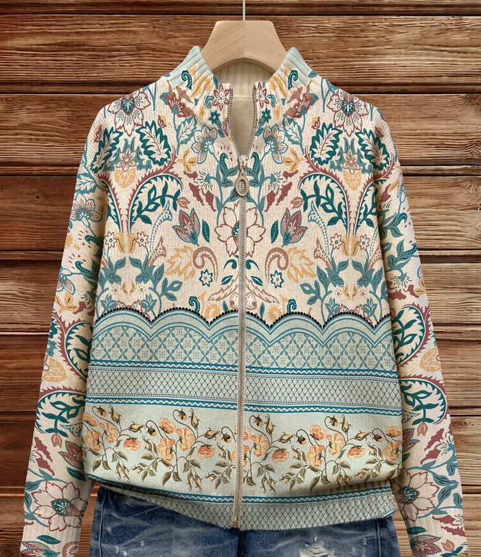 Floral botanical print zip-front cardigan with scalloped hem and standing collar
