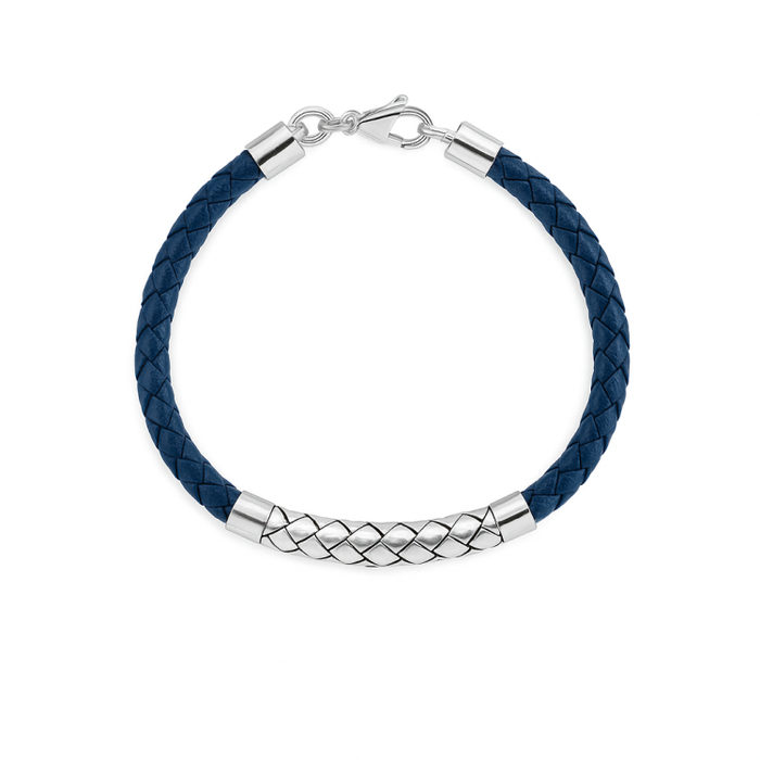 Theseus Mens Sterling Silver Blue Leather Bracelet