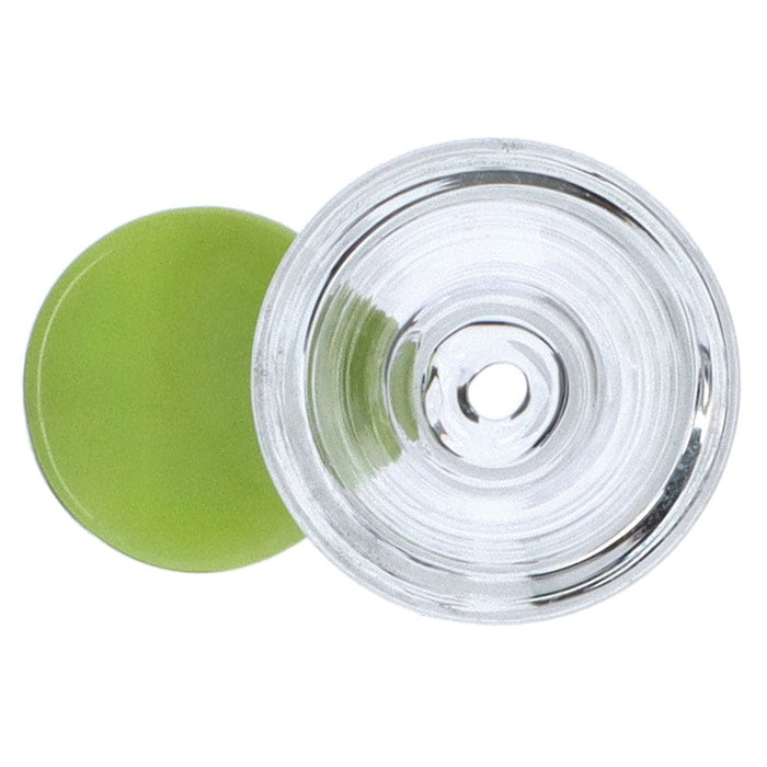 Top-down view of the Valiant Glass Bowl - Milky Green - Female 14mm showing a clear concentric glass bowl next to its milky green handle.