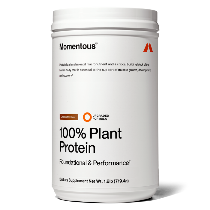 White jar of Momentous 100% Plant Protein powder in Chocolate flavor.