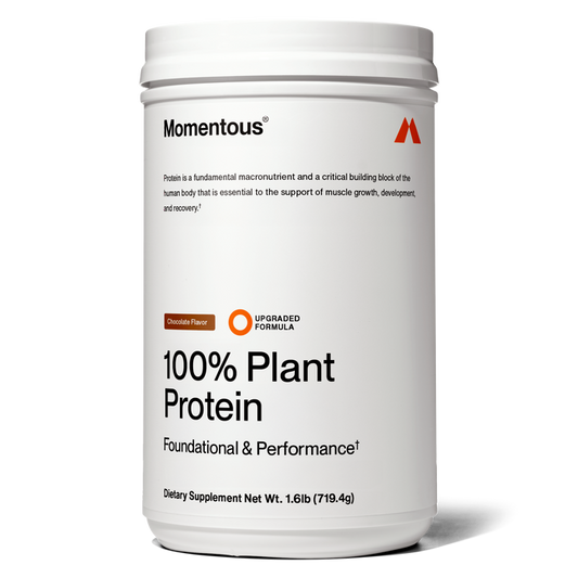 White jar of Momentous 100% Plant Protein powder in Chocolate flavor.