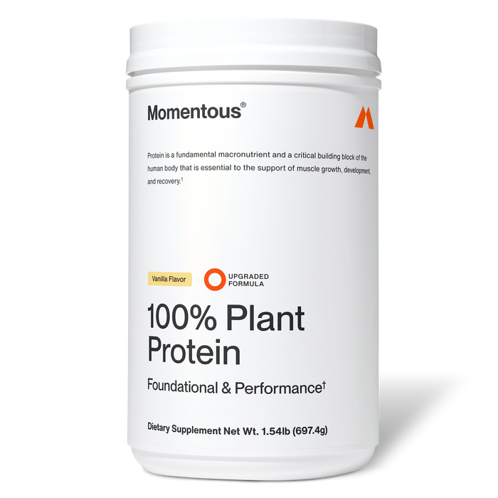 White plastic container of Momentous 100% Plant Protein Powder in vanilla flavor, 1.54lb size.