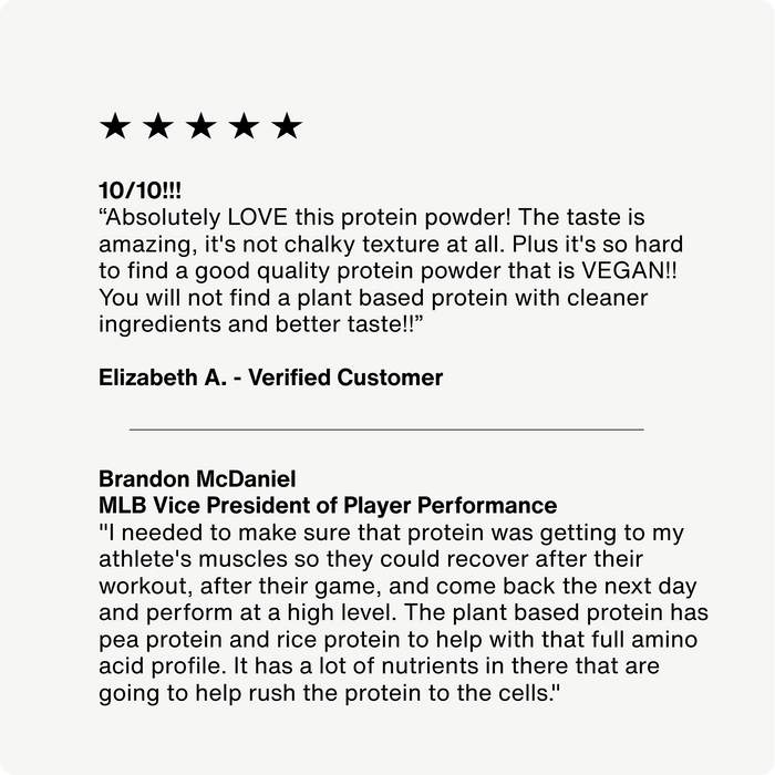 Positive review from Elizabeth A. about Momentous 100% Plant Protein, alongside a quote from Brandon McDaniel, MLB Vice President of Player Performance.