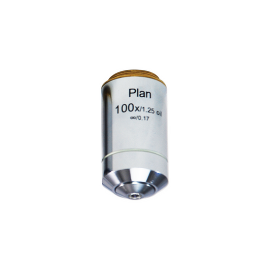 100X Infinity-Corrected Plan Achromatic Microscope Objective Lens, SKU BM03023831, three quarter front view